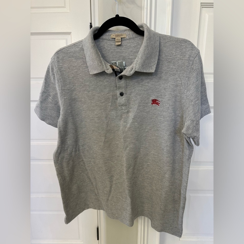 BURBERRY Men's POLO Style 100% Cotton Sz Large Gray Pique Nova Check S/S Shirt